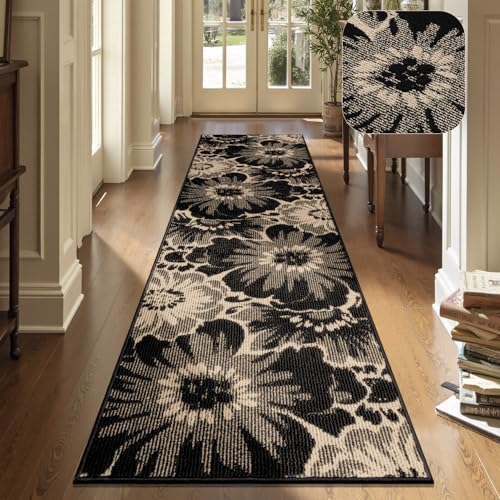 Findosom Hallway Runner Rug 2x8, Non Slip High-Low Textured Floral Washable Runner Rug with Rubber Backing, Boho Carpet Runner for Kitchen, Entryway, Bedroom, Laundry, Black & Beige - color: Black/Beige, size: 2' x 8'