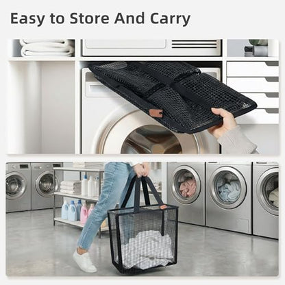 STORAGE MANIAC 접이식 세탁 바구니, 50L(16.9갤런) 긴 운반 손잡이가 있는 대형 팝업 세탁 바구니, 하단 탄성 밴드가 있는 공간 절약형 접이식 옷 바구니, 여행용 세탁 가방, 메시 블랙 - color: 메시 블랙.