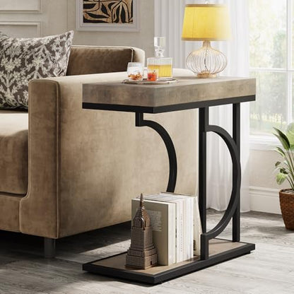 Tribesigns Narrow Side Table C Shaped End Table Modern Bedside Tables for Couch, Small Sofa Chairside Tables with Metal Frame for Living Room (2, Gray+Black) - color: Gray+black