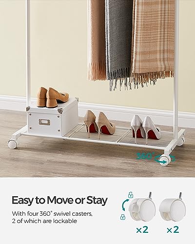 SONGMICS Clothes Rack with Wheels, Double-Rod Clothing Rack for Hanging Clothes, 25.4mm Metal Garment Rack with Dense Mesh Storage Shelf, 110 lb Load Capacity, 2 Brakes, White UHSR027W01 - color: White, style: Middle Rod