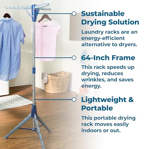 Honey-Can-Do 64-Inch Steel Tripod Clothes Drying Rack, Foldable Collapsible Laundry Stand with 3 Rotatable Arms, Holds 30 Hangers, Space-Saving Indoor Outdoor Air Dry Rack, Blue - style: 1 Tier