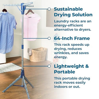 Honey-Can-Do 64-Inch Steel Tripod Clothes Drying Rack, Foldable Collapsible Laundry Stand with 3 Rotatable Arms, Holds 30 Hangers, Space-Saving Indoor Outdoor Air Dry Rack, Blue - style: 1 Tier