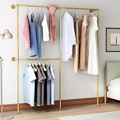 DR.IRON Industrial Pipe Gold Clothing Racks with Double Bar, Industrial Pipe Clothes Racks Wall Mounted, Heavy Duty Gold Closet Rods for Hanging Clothes Organizer Storage - color: Gold-71