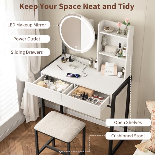 Small Vanity Desk with Mirror and Lights, Makeup Vanity Table with LED Mirror, 3 Lighting Modes, Power Outlet, Drawer, Open Shelves and Cushioned Stool for Bedroom (Black) - color: Black
