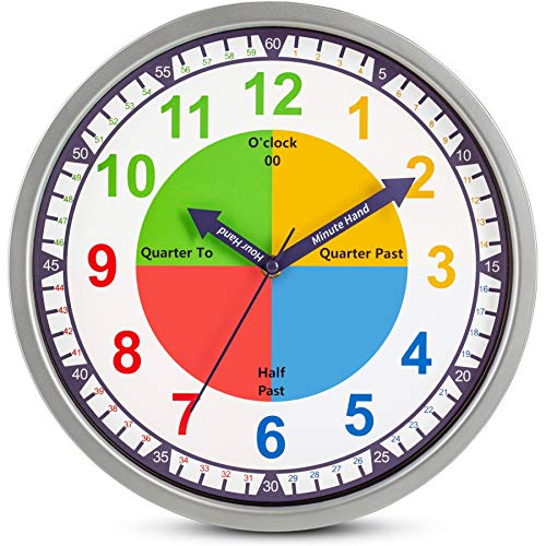 Bernhard Products Colorful Kids Wall Clock Teaching Time Telling Silent Non-Ticking Educational Learning Tool, Colored Numbers for Children Teachers Homeschool and Parents, School Classroom Playroom - style: Kids - Time Teaching