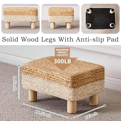 Wimarsbon Natural Seagrass Footstool Ottoman Rectangular Footrest Pouf Ottomans with Wooden Legs Hand Weave Step Stool for Living Room Bedroom Entryway White - color: White, size: 12"D x 16.5"W x 9.5"H