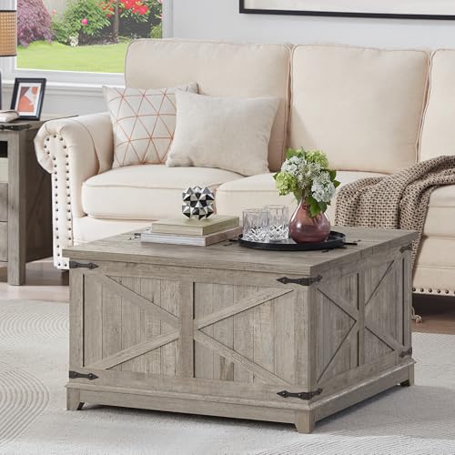 Joaxswe Farmhouse Coffee Table with Hidden Storage Organizer, Modern Square Large Center Table, Wood Farm House Low Rustic Light Oak Living Room Tables with Hinged Lift Top for Home, Office - color: Light Oak, style: With Legs