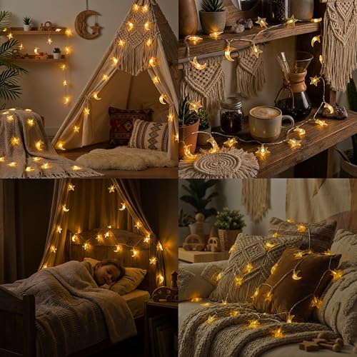 Whimsigoth Star and Moon Decor String Lights, Indoor Bedroom Classroom Dorm Patio Party Wedding Decor, Warm White (30ft Battery) - size: 30ft Battery