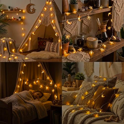 Whimsigoth Star and Moon Decor String Lights, Indoor Bedroom Classroom Dorm Patio Party Wedding Decor, Warm White (30ft Battery) - size: 30ft Battery