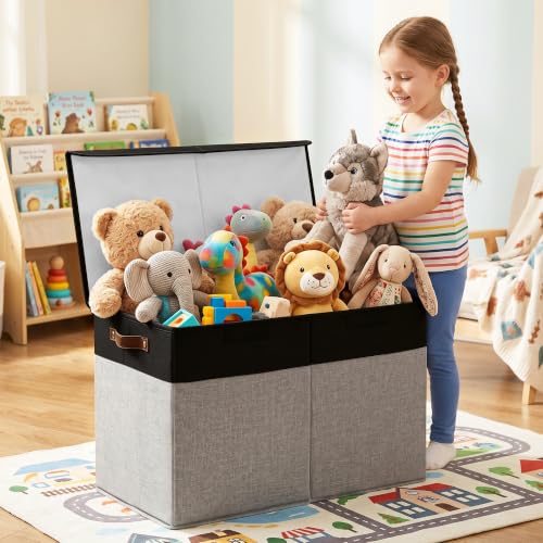 Large Toy Storage Box with Lids, Collapsible Sturdy Baby Storage Organizer Chest Bin Basket for Kids, Boys, Girls, Playroom, Nursery, Bedroom, Closet 25"x13"x16" (Gray and Black) - color: Gray and Black