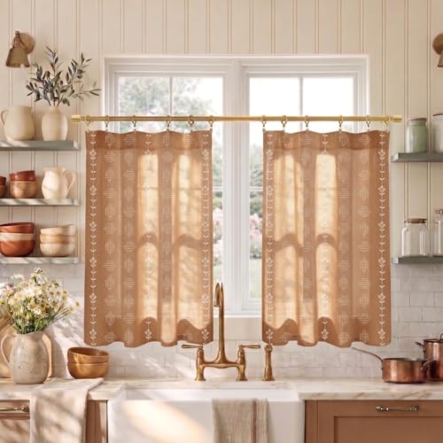 Lino Rosa Boho Farmhouse Kitchen Curtain,Rustic Style Terracotta Western Curtains for Bedroom Living Room,Sets of 2 Panels,36 Inch Length,Rust Colored - color: Terracotta, size: 24"W x 36"L (Pack of 2)