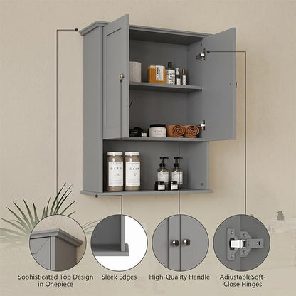 Medicine Cabinet, Over The Toilet Storage Cabinet, 24x30 Inch Wall Mount Bathroom Storage Cabinet with 2 Doors & Adjustable Shelf, Wooden Bathroom Wall Cabinet, Grey - color: Grey