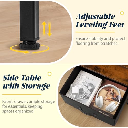 Night Stand with Charging Station, Bedside Table with Adjustable Fabric Drawers, End Table with LED Lights, Side Table with USB Ports Open Shelf for Bedroom, Black - color: Black