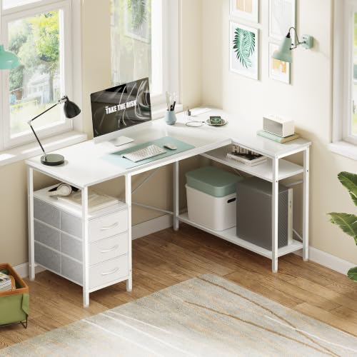 Huuger L Shaped Office Desk with Power Outlets & 3 Drawers | 47 Inch Computer Desk with Shelves, for Gaming, Corner Work, Home Office, Study, White - color: White, size: 47inch