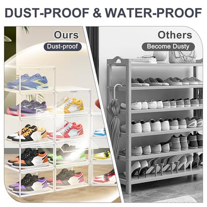 5 Pack Clear Plastic Shoe Boxes with Acrylic Magnetic Door, Size 12 | Stackable Shoe Storage Organizer for Closet, Fit Size 12 Everyday Casual Shoes, Sneakers