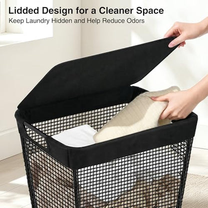 STO STO 75L Laundry Hamper with Lid, Black Clothes Hamper with Handles, Breathable Vinyl Mesh Laundry Basket, Sturdy Steel Frame, Space Saving Laundry Bin for Bathroom, Bedroom, Dorm, Small Spaces