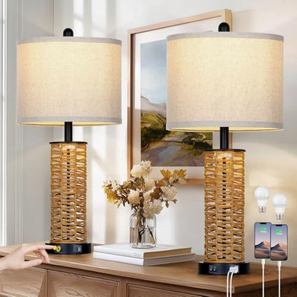 CINSARY 27" Boho Rattan Table Lamps Set of 2, Coastal Bedside Lamp with Night Light, Woven Wicker Bedroom Nightstand Lamps with USB A+C Charging Port, Tall Farmhouse Lamp for Living Room End Table - color: Rattan and Black