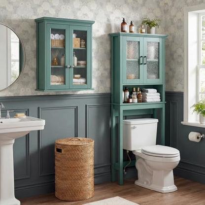 Over The Toilet Storage Cabinet, Bathroom Cabinet Wall Mounted with Built-in Level, Medicine Cabinet with Fluted Glass Doors, Wall Cabinet for Bathroom, Kitchen, Laundry Room, Halcyon Green - color: Halcyon Green