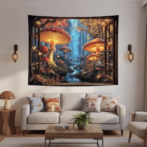 Accnicc Fantasy Window Mushroom Forest Tapestry 48x36 Inch | Fairy Jungle Small Tapestry Wall Hanging, Butterfly Stream Landscape Wall Art, Ideal for Bedroom Dorm Living Room Decor - color: Red Brown, size: 48"L x 36"W