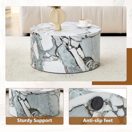 Round Coffee Table, 23.6" Modern Faux Marble Drum Coffee Table, Round Accent Center Table for Living Room Apartment Small Spaces, No Assembly Required - color: 24'' Rock White, size: 24'' Round Coffee Table