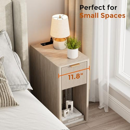 Homleke Narrow End Table with Fluted Drawer & Charging Station | Compact Nightstand with USB Ports & Outlets, Bedside Table for Bedroom, Living Room, Modern Accent Table, Light Gray Oak - color: Light Gray Oak