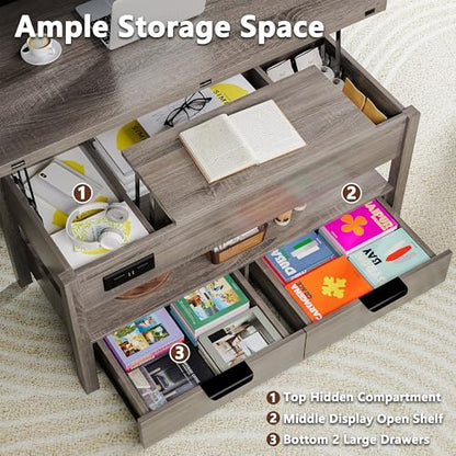 40" Lift Top Smart Coffee Table for Living Room | Power Outlets, LED Lights, Lifting Top, Storage Drawers & Compartments, for 4-6 People, Grey - color: Grey
