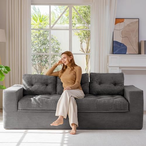 MAXYOYO 79" Boneless Sofa Couch, Cloud Couch Floor Loveseat for Small Space with Pillows, Tufted Floor Sofa with Layered Cushion for Apartment & Lounge, No Assembly Required, Dark Grey - color: Puffinest Style Dark Grey, size: 79" Loveseat