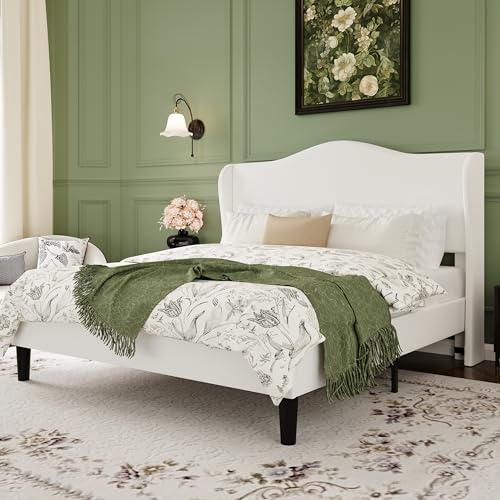 SHA CERLIN Queen Size Bed Frame with Curved Wingback Headboard,Soft White | Modern Luxury Design Velvet Platform Bed with Sturdy Wooden Slats,Noise-Free, No Box Spring Needed, Easy Assembly - color: Soft White, size: Queen