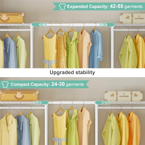 SEMHOR E06 Expandable Heavy Duty Clothes Rack for Reach-in Closet | Freestanding Clothing Racks with Shelves, Carbon Steel Closet Organizer System Adjustable 70.8-93.9", Max Load 800LBS, White - color: White