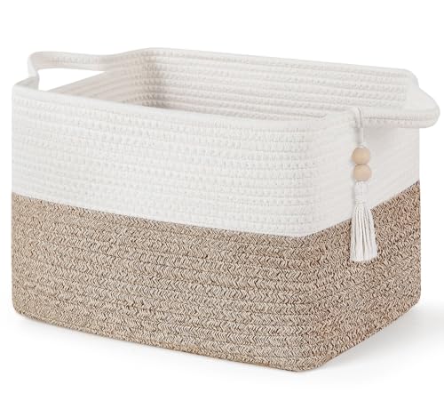 Mkono Woven Storage Basket, Cube Cotton Rope Basket for Shelves, 13"x10"x9" | Organizes Shoes Clothes Toys Towels Books, Gift Basket, Wooden Beads Tassel, Rectangle Bin, Fits Entryway Bedroom Living Room - color: Brown and White
