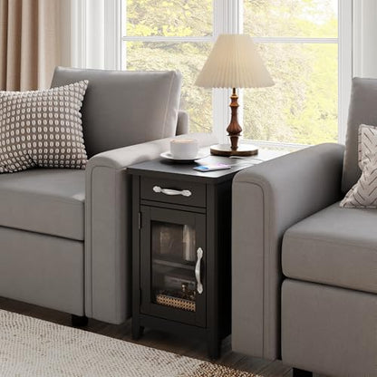 LINSY HOME End Table with Charging Station, Side Table for Bedroom with Drawer and Detachable Holder, Storage Shelf with Glass Door, Extra Storage & Display Space, Small Nightstand for Living Room | Built-in Charging Station with USB & Outlet, Drawer Stor