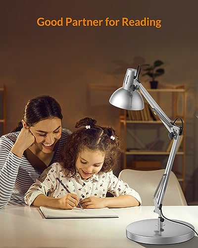 LEPOWER Metal Adjustable Desk Lamp with Clamp, Swing Arm for Home Office | Gooseneck, Architect Style, Eye-Caring Table Lamp, On/Off Switch, E26 Base, Reading for Dorm, Bedroom, Study, Back to School - color: Silver