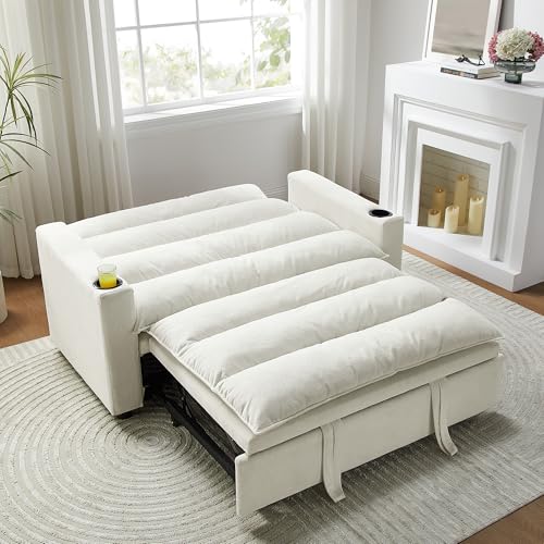 SLEERWAY 3 in 1 Convertible Sleeper Sofa Bed, 56.3" W Easy Pull Out Couch Bed with Dual Cup Holders, Comfy Thick Padding Futon Loveseat with Adjustable Backrest for Living Room Small Space (Grey) - color: Beige, size: 56.3"