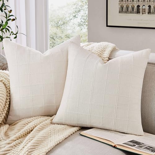 Linen Checked Throw Pillow Covers Set of 2, 18x18 Inch Ivory/Cream, Farmhouse Decorative Single Sided Grid Embroidered Couch Pillow Cases Off White Cotton Linen Cushion Covers - color: Ivory/Cream, size: 18" x 18" (Pack of 2)