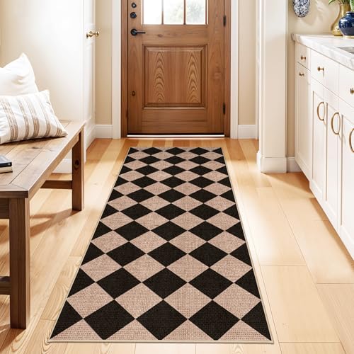 Easy Jute 2x5 Runner Rug: Non Slip Checkered Machine Washable Entryway Mats | Low Pile Indoor Doormat Kitchen Bathroom Carpet Dorms Small Spaces Ideal Young Families First Home Textured (Black/Brown,2x5) - color: Black/Brown, size: 2' x 5' (Rectangular)