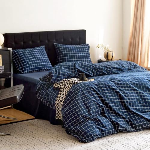 Wake In Cloud - Grid Cotton Duvet Cover Set, Plaid Checkered Geometric Farmhouse, 100% Washed Cotton Textured Bedding Set, 3 Pieces, Navy Blue, Queen Size - size: Queen