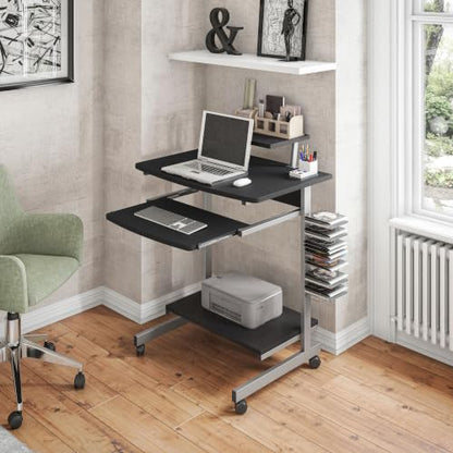 Techni Mobili Rolling Computer Desk Cart w/ Keyboard Tray & Wheels, Black | Locking casters, printer stand, office cart, compact desk, home office, small space computer workstation