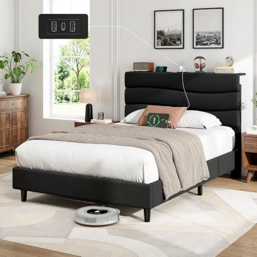 EnHomee Twin Bed Frames with Upholstered Headboard & Charging Station | Adjustable height, Wave design, 2 USB & 1 Type-C ports, Under-bed storage, Noise-free, No box spring needed, Black - color: Black, size: Twin