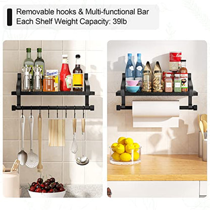 Love-KANKEI 17.3"Floating Wall Shelves Set of 2,Solid Wood,Coffee Bar,Black | Spice Rack,Towel Bar/8 Hooks,39 Lbs/shelf,Easy to Install,For Kitchen,Bathroom,Living Room,Bedroom,Office,Entryway Display - color: Black