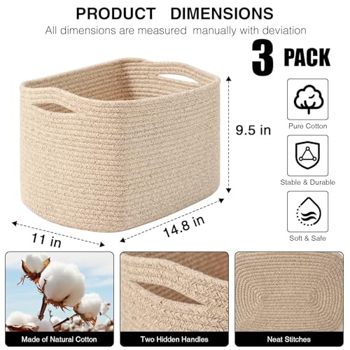 Storage Baskets for Organizing Shelves, Woven Cotton Rope Basket for Storage, Dog Toy Baskets Storage Kids, Cute Shelf Basket for Living Room Bedroom, 14.8"×11"×9.5", Pack of 3, Brown - color: Brown