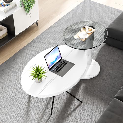 AWQM Oval Coffee Side Table Set of 2, Faux Marble Top and Modern Tempered Transparent Glass Top,Perfect for Living Room,Cafe,Home,and Office. - size: Set of 2
