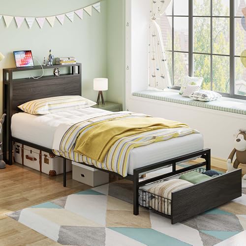 LIKIMIO Twin Bed Frames with Drawer and Charging Station, Gray Black | 2-Tier Storage Headboard with Metal Construction Frame, No Box Spring Needed, Fits Small Bedroom or Guest Room. - color: Gray Black, size: Twin