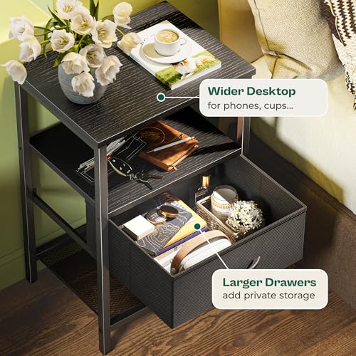 Huuger Night Stand with Fabric Drawer, Side Table with Mesh Shelf, Bedroom Nightstand, Fabric Drawer Dresser, Open Shelf, Metal Frame, Couch Side, Black | Bedroom Nightstand, Fabric Drawer Dresser, Open Shelf, Metal Frame, Couch Side, Black - color: Black