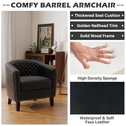 Faux Leather Accent Chair, Modern Barrel Club Chair, Black | Comfy Upholstered Armchair for Living Room, Round Club Chair Single Sofa Bedroom Reading Seat | 26"D*29"W*29"H - color: Black