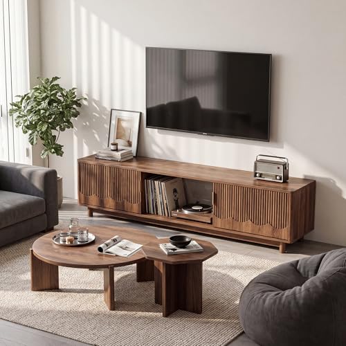 FurSch 62.2" Mid-Century Modern Fluted TV Stand, Walnut | Low Profile, 3D Slatted & Waved Design Panel, For Living Room Bedroom - color: Walnut
