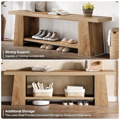 Tribesigns 2-Tier Entryway Bench, 59-Inch Extra Long Shoe Bench with Storage Shelves, Wood End of Bed Seat, Farmhouse Hallway Foyer Seat with Open Shelves for Entryway, Bedroom, Living Room, Natural