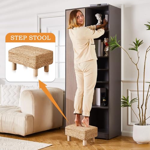 Wimarsbon Natural Seagrass Footstool Ottoman Rectangular Footrest Pouf Ottomans with Wooden Legs Hand Weave Step Stool for Living Room Bedroom Entryway Natural - color: Natural, size: 12"D x 16.5"W x 9.5"H