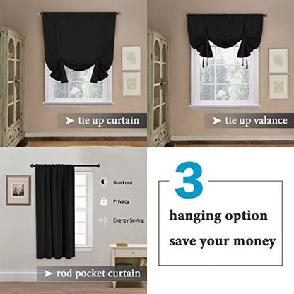 H.VERSAILTEX Blackout Curtain for Bathroom Windows Adjustable Tie Up Shade/Blackout Curtain with Rod Pocket Top (Solid in Jet Black, 42 inches W x 63 inches L, Set of 1) - color: Jet Black