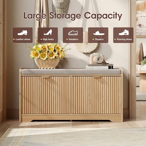Maupvit 39.4" Fluted Shoe Bench with Storage, Narrow Entryway Bench,Natural | with Removable Seat Cushion & 2 Flip-Drawers, Shoe Cabinet Bench, Boho Hidden Shoe Rack for Entrance, Hallway, Living Room - color: Natural