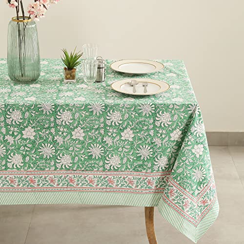 Labhanshi Indian Block Print Table Cloth|French Floral Handmade 10 Seater 72x135 Inch Rectangle Cotton Table Cover|Mother's Day St.Patrick Dining Tablecloth|Farmhouse Table Scape Decor|Green Leaf - color: Green Leaf, size: 135" x 72" (Rectangular)